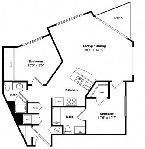 Floor plan for 2 beds, 2 baths, 934 sqft